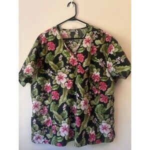 Absolute VTG Scrub Top Women’s XL Black Tropical Hibiscus Floral V-Neck Pockets